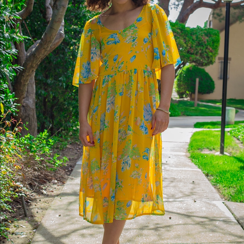 Yellow floral dress midi